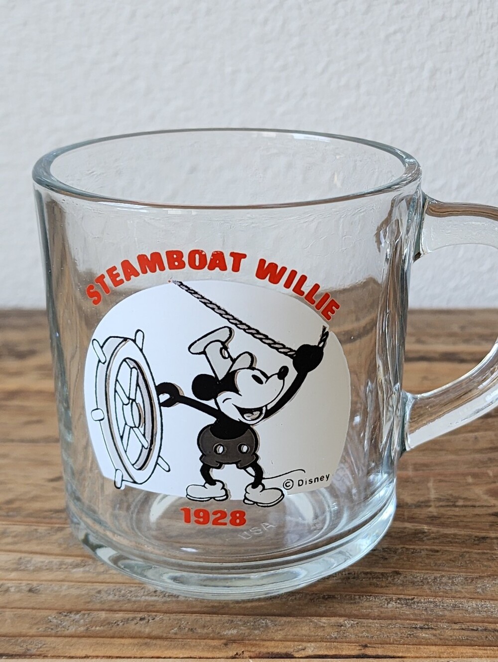 Disney Steamboat Willie Cup Anchor Hocking Clear Glass Coffee Tea 1980s 8oz